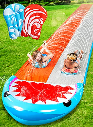 Sloosh 21Ft Water Slides With 2 Boogie Boards Backyard Outdoor Lawn Slip Waterslide 2 Sliding Racing Lanes With Sprinklers Summer Toy 21Ft X 62In, Shark #TOP18