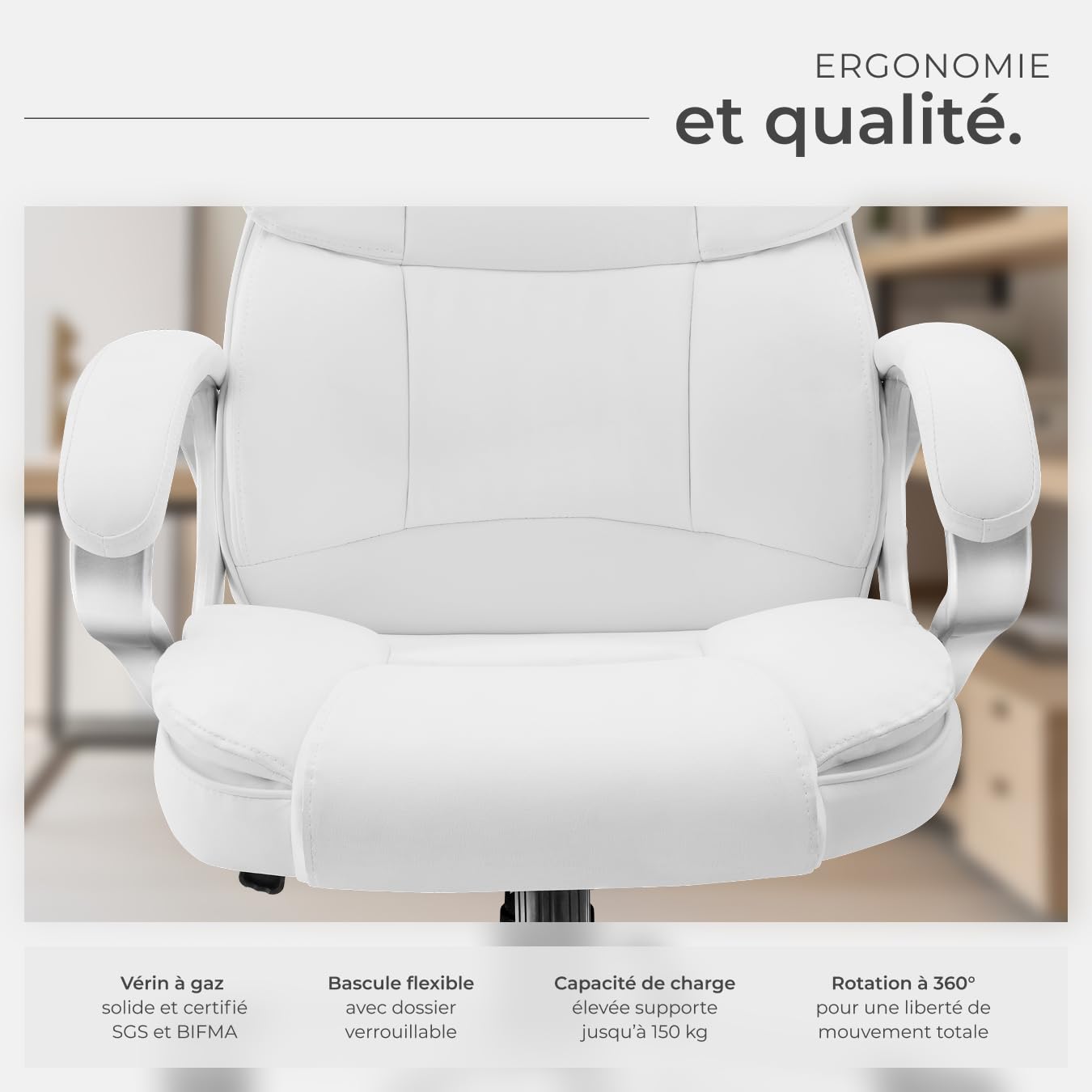 tectake® Chaise de Bureau Chaise Gaming Fauteuil de Bureau Fauteuil pivotant Design, Siege Ergonomique avec Accoudoirs, Appui-tête rembourré, Roulette Teletravail - Blanc