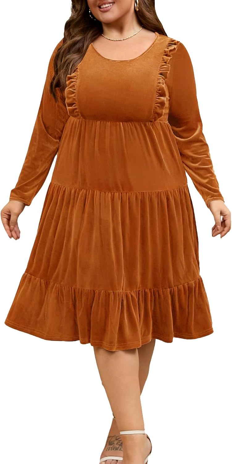 Plus Size Velvet Dress for Women Long Sleeve A-Line Waist Tiered Flowy Cocktail Party Dresses with Pockets
