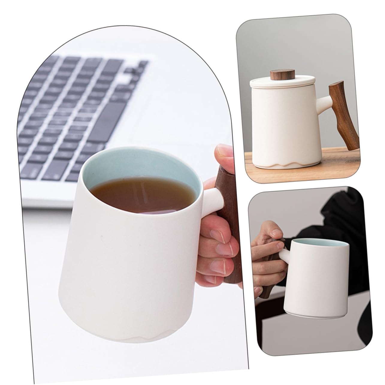 Mug avec Passoire à Thé 360ml en Céramique avec Poignée Bois Blanc