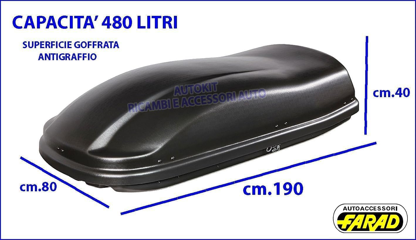 BOX BAULE da tetto Auto FARAD da 480 litri PORTAPACCHI + 2 BARRE PORTATUTTO Specifiche COMPATIBILE con DS 7 Crossback Prodotte dal 2017 in poi - 1-9431 - M12060000