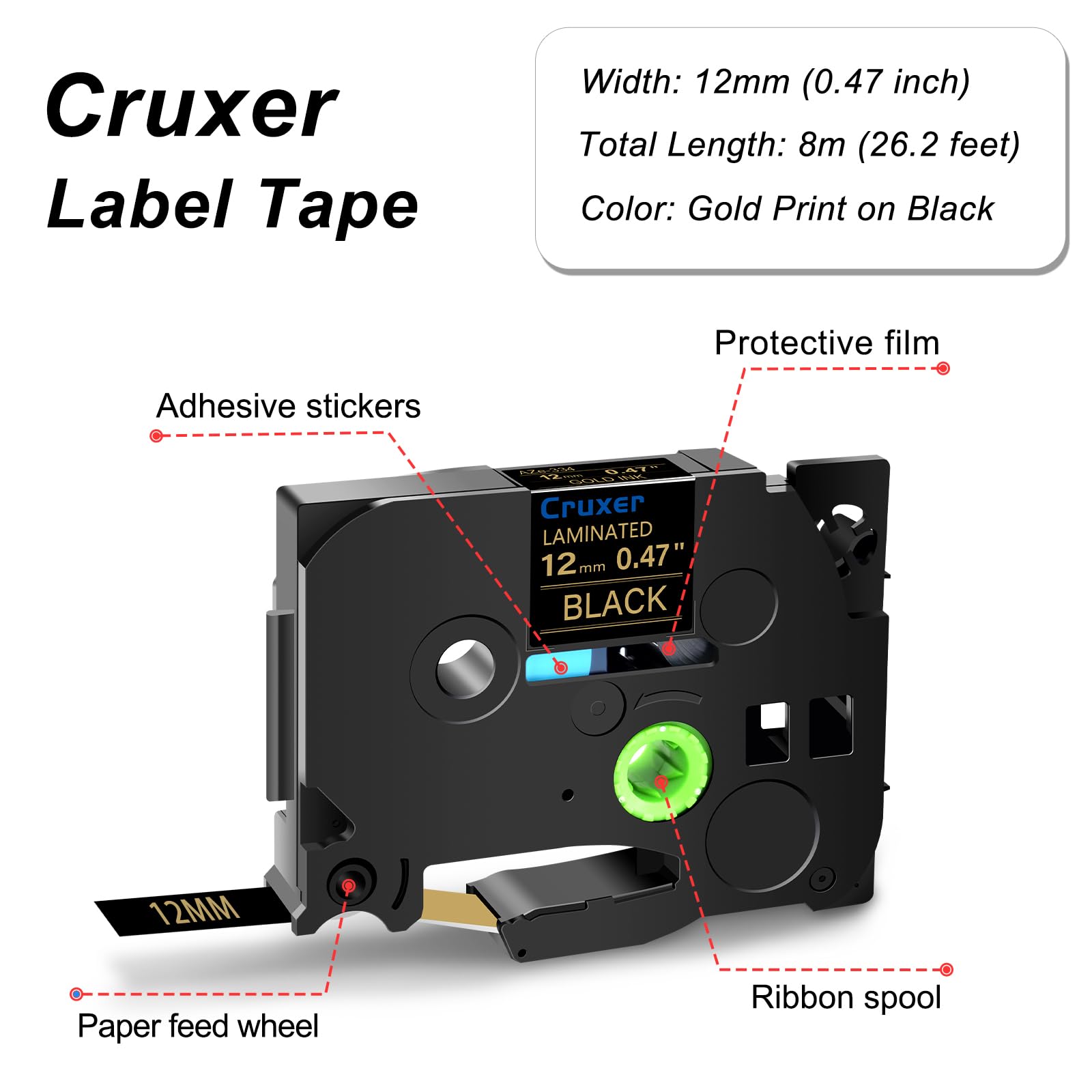 Cruxer Pack de 20 cintas laminadas doradas compatibles con Brother P-touch TZe-334, oro sobre negro de 0,47 pulgadas, 12 mm x 8 m, cinta de escritura de repuesto para Brother PT-H100 PT-200 PT-H105
