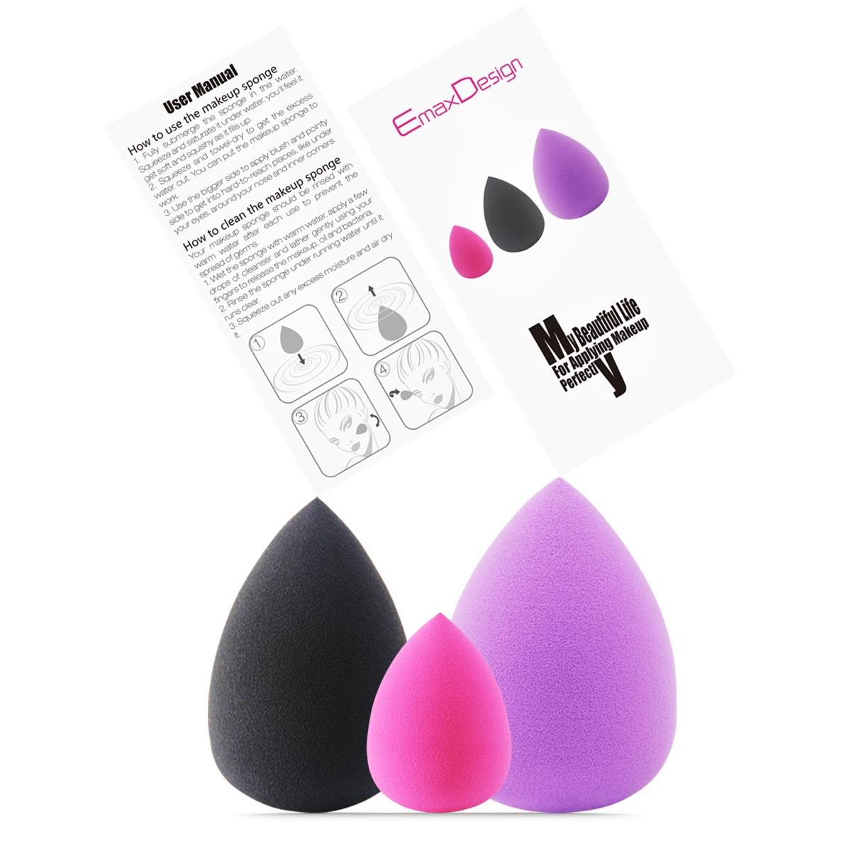 EmaxDesign 3 Pieces Makeup Blender Sponge Set, Foundation Blending Blush Concealer Eye Face Powder Cream Cosmetics Beauty Makeup Sponges