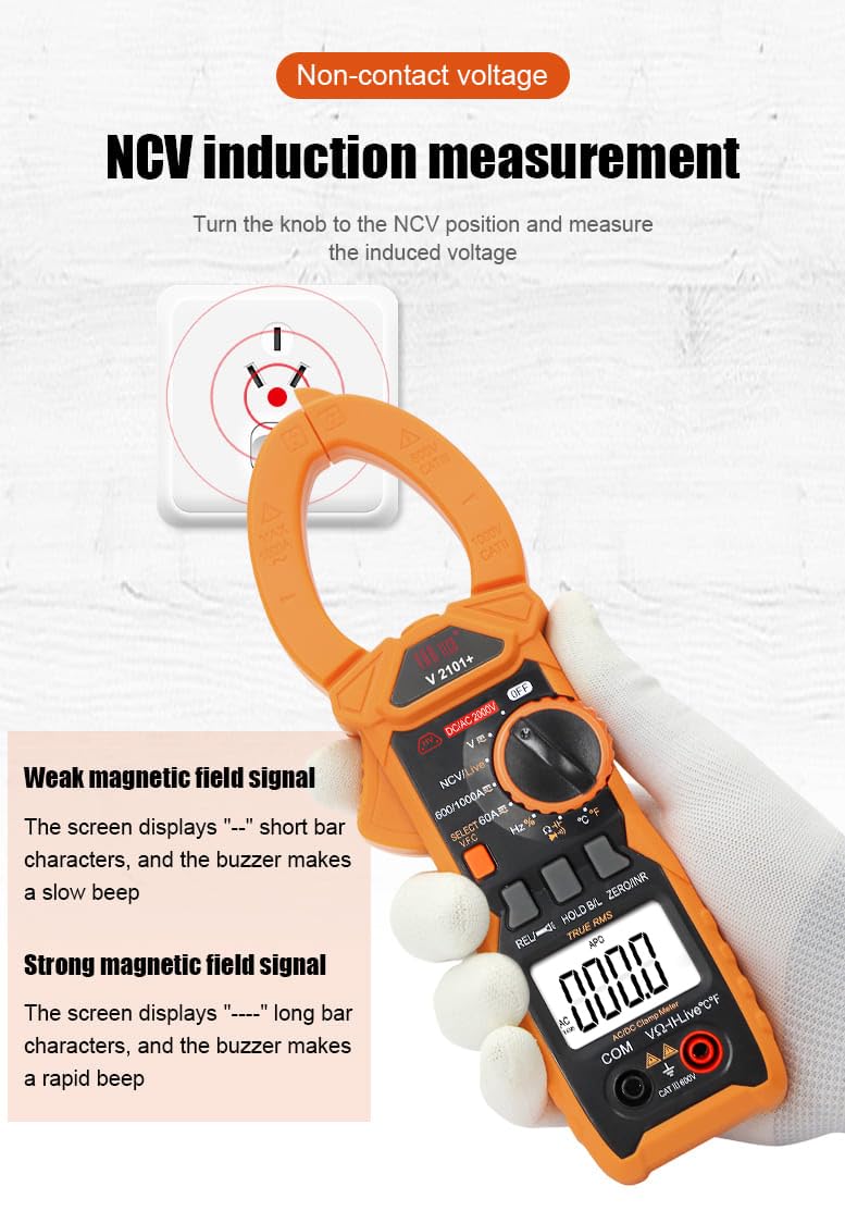 Digital Clamp Meter V 2101+ True Rms 1000 A Ac Dc 1500/1000 V Dc/Ac Auto Ranging, 6000 Counts, High Precision With Ncv, Vfc, In Rush Current, Low Z,Temperature,Frequency,Live Test, Orange