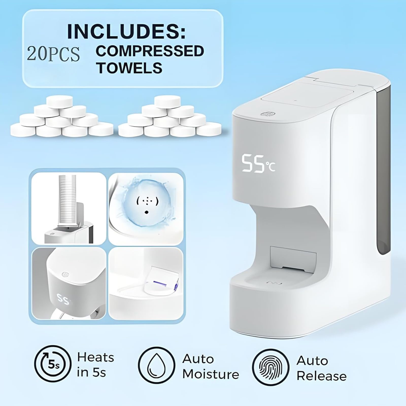 Máquina Inteligente Calentador de Toallas Comprimidas – Dispensador Automático de Toallas Faciales con Pantalla LED, Temperatura Constante 55 °C y Calentamiento Rápido en 5 s, para SPA, Hogar y Salón