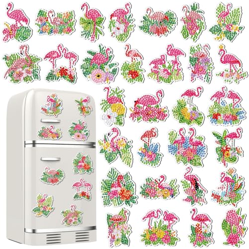 30 Pcs Summer Diamond Art Painting Magnets Flamingo Fridge Magnetic Diamond Art Painting Kits Flamingo Fridge Sticker Magnet DIY Craft for Adult Beginner Gifts Toy Home Office Decors