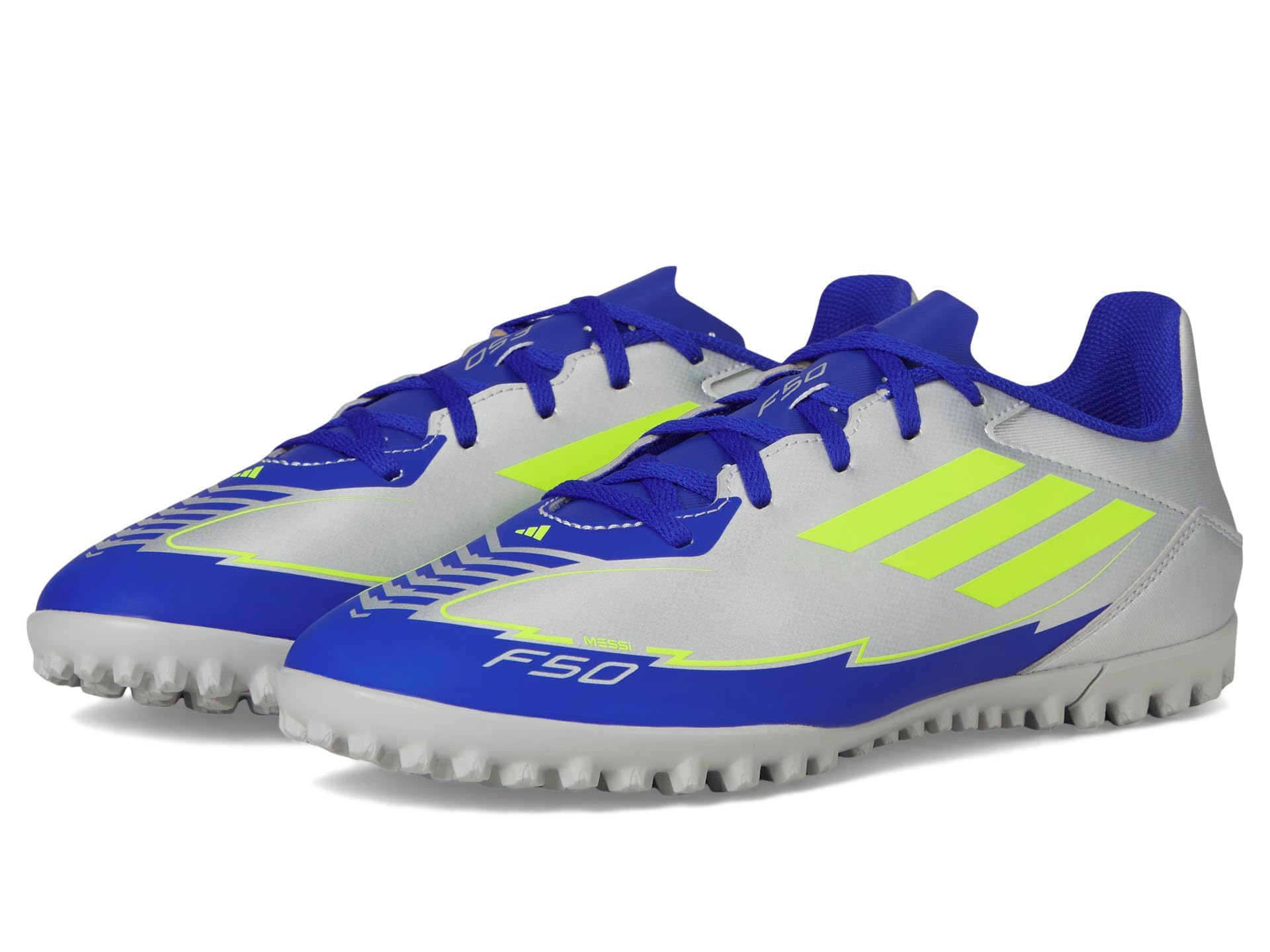 adidas Unisex F50 Club Messi Turf Sneaker, Silver Metallic/Solar Yellow/Lucid Blue, 10 US Men