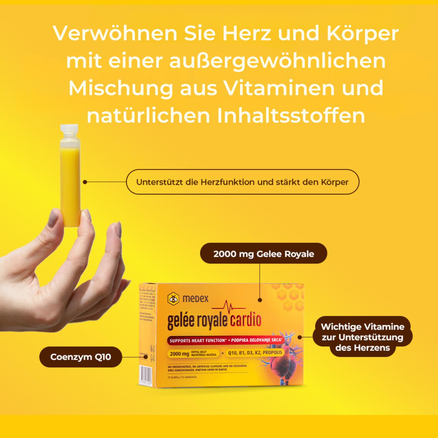 Medex Gelée Royale Cardio 2000 mg - Herz-Vitamine - Mit Gelee Royal, Q10, Vitaminen B1, D3, K2 & Propolis - Nahrungsergänzungsmittel - 10 Ampullen - 10 Tage