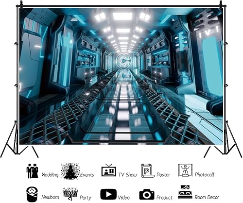 Miniatura 9 de DORCEV Fondo de fotografía interior de nave espacial de 10 x 8 pies, fondo de ciencia ficción, espacio de almacén, pasillo, estación espacial,
