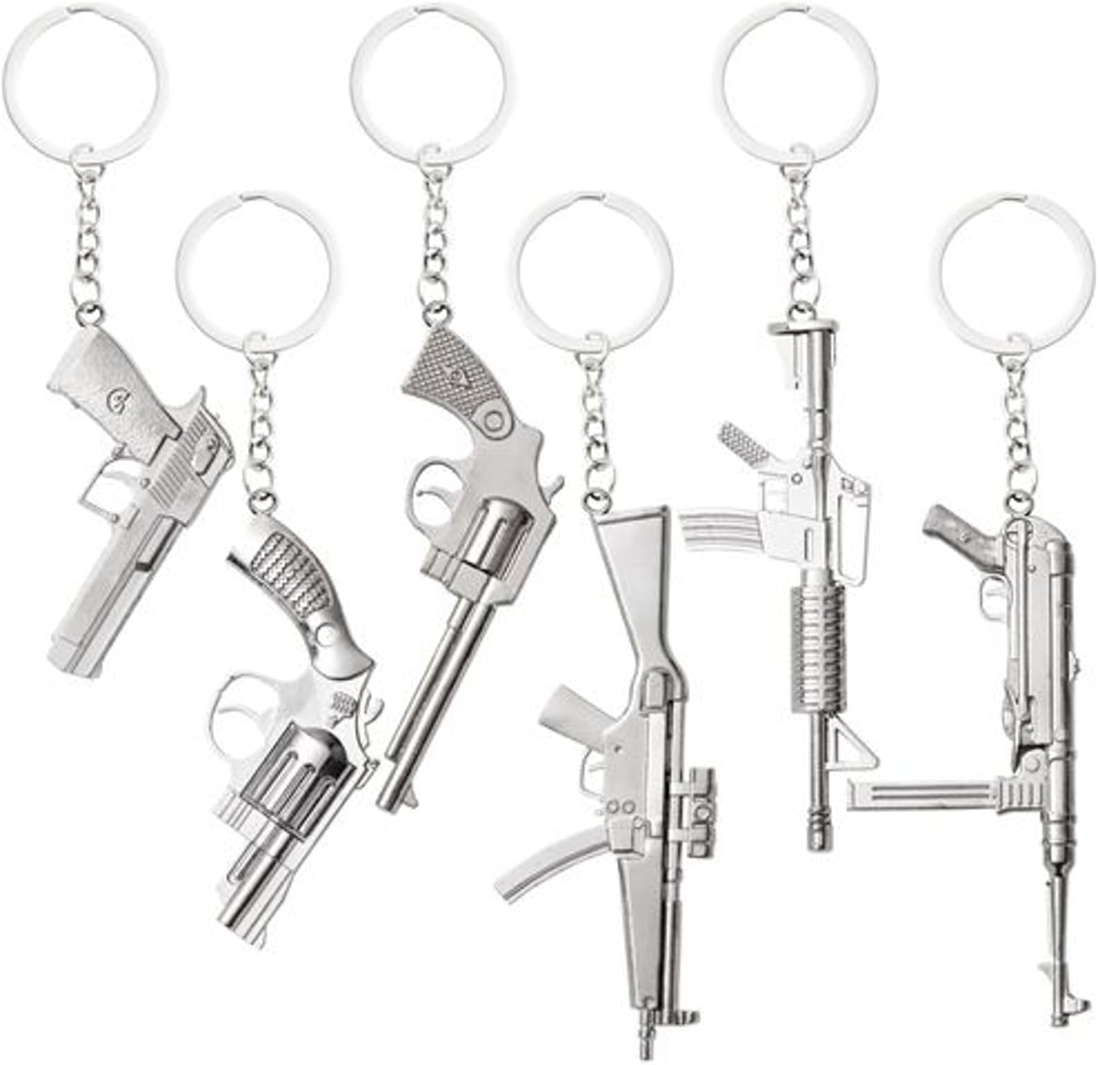 Juvale Mini Gun Keychain Pack - Durable Zinc Alloy & Cool Keychains - Compact Mini Pistol Charms - Versatile Pocket & Bag Charms & Gift for Men - Pack of 6, Silver, Zinc Alloy