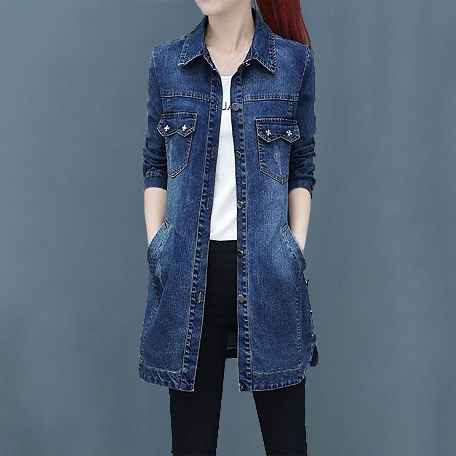 Cocila Veste en jean pour femme, manteau slim brodé à manches longues, vestes manteaux Compressible En Duvet blouson femme Beige Femme Demi Saison Saharienne Manteaux Et Blousons Imperméable