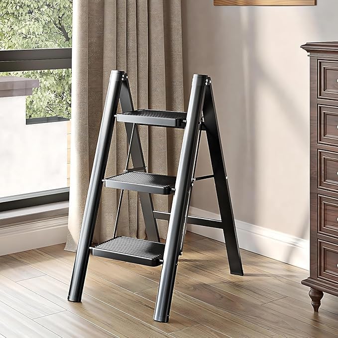 3-Step Folding Step Stool Heavy-Duty Steel Ladder – Black Modern Portable Ladder with Wide Anti-Slip Steps – 150 kg Load Capacity – Scratch-Proof Feet – Rust Resistant for Home-image-21