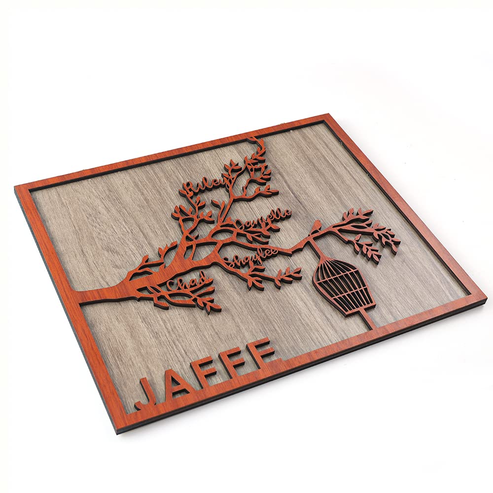Cartel de madera de árbol familiar personalizado, carteles de pared con nombre de familia personalizado, rama de árbol con jaula, inauguración de la casa, regalo de boda, decoración de arte de pared