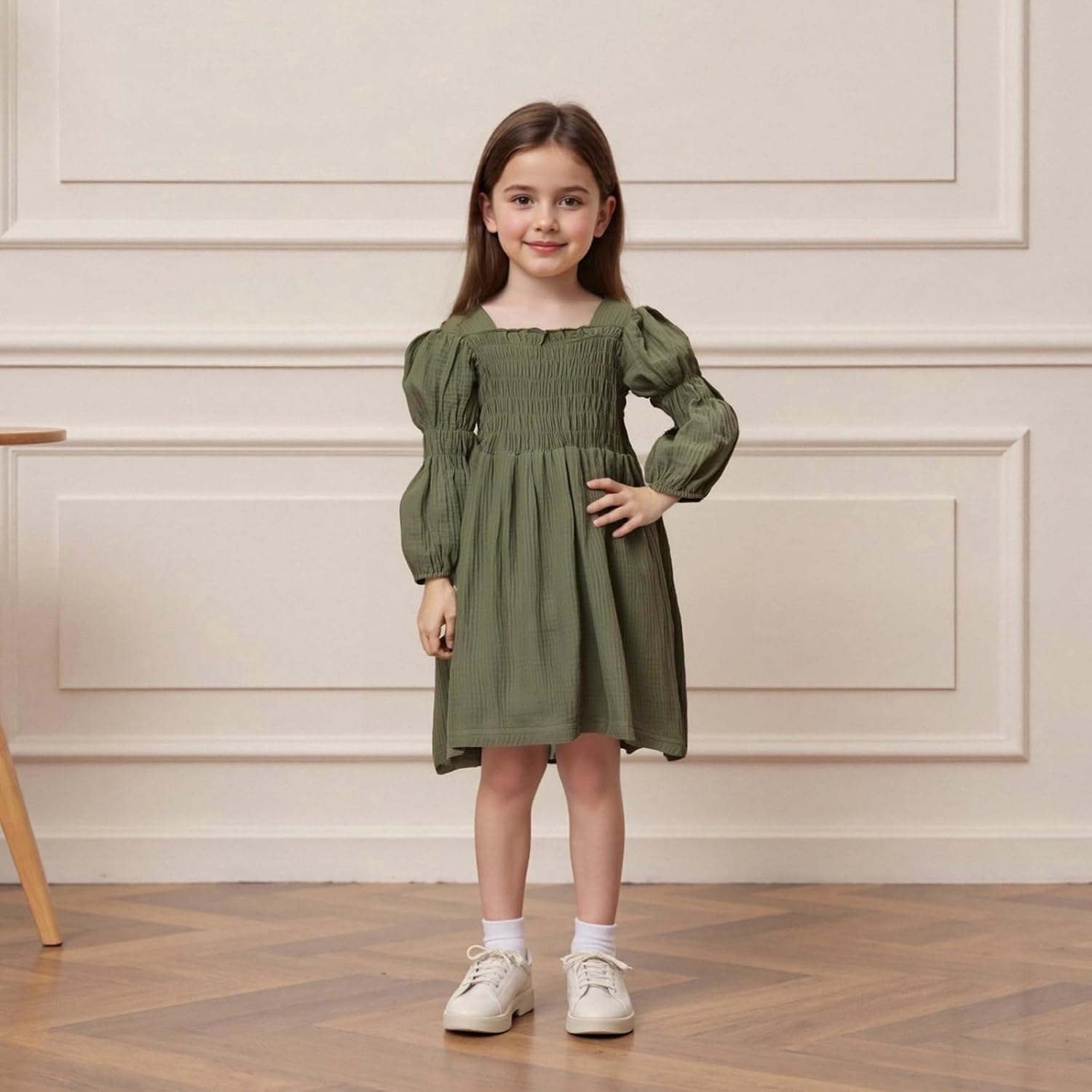 Toddler Girl Smocked Dress Lantern Long Sleeve Solid Color Casual A Line Little Girl Dresses Fall Winter Clothes - Image 4