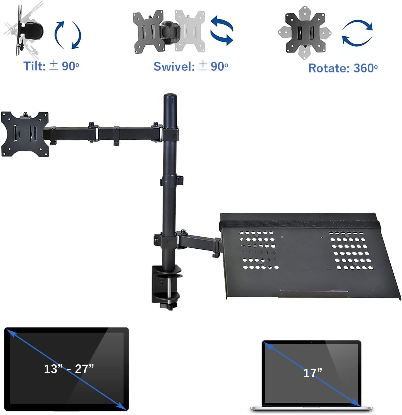AEONS Monitor and Laptop Desk Mount Combo Stand with Notebook Tray fits 17 inch, 2-in-1 Adjustable Dual Arm Mount fits up to 32 inch LCD Screen with VESA, Clamp and Cable Management, Black