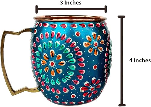 Miniatura 3 de Rastogi Handicrafts Botella de agua hecha a mano de cobre exterior pintada a mano con obra de arte de color turquesa (sin juntas y a prueba de