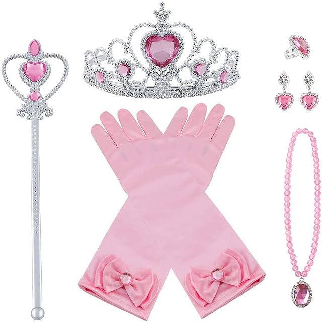 Vicloon Elsa Dress Up Accessories Set, 7 Pcs Princess Dress-up Party Accessories for Girls with Elsa Gloves, Princess Tiara, Earring, Magic Wand and Necklace(Pink)