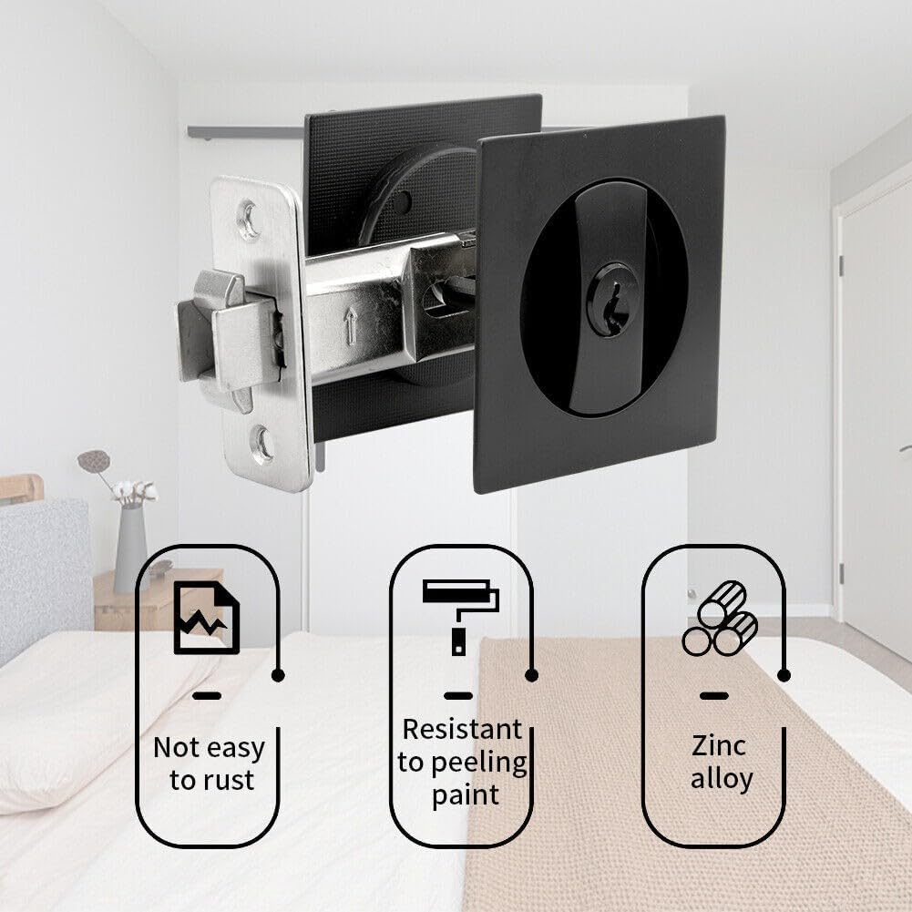 Pocket Door Lock Privacy - Zinc Alloy Sliding Door Latch with Keyhole and Knob, Black Square Recessed Hardware Bathroom Bedroom Closet, Hook