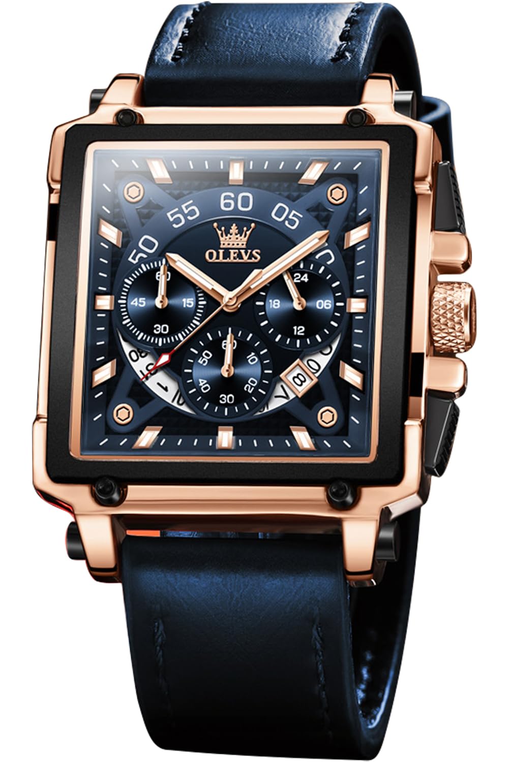 OLEVS Watches for Men Quartz Chronograph Leather Fashion Dress Watch Date Waterproof Luminous Casual Square Business Wrist Watches