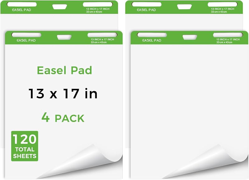 Mini Easel Pads 13 x 17 Inch, 4 Pack Non-Stick Flip Chart Paper for Teacher, Training, Presentations or Brainstorming, 30 Sheets/Pad, Fits Most Easel Stands (White)