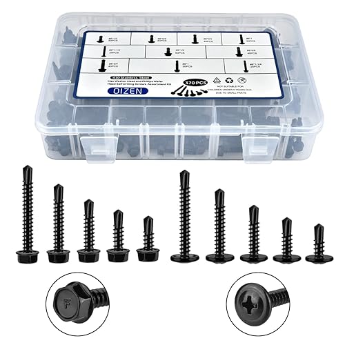 OIZEN Kit surtido de tornillos autoperforantes de acero inoxidable #8 de 370 unidades, cabezal de arandela hexagonal y cabezal de armadura