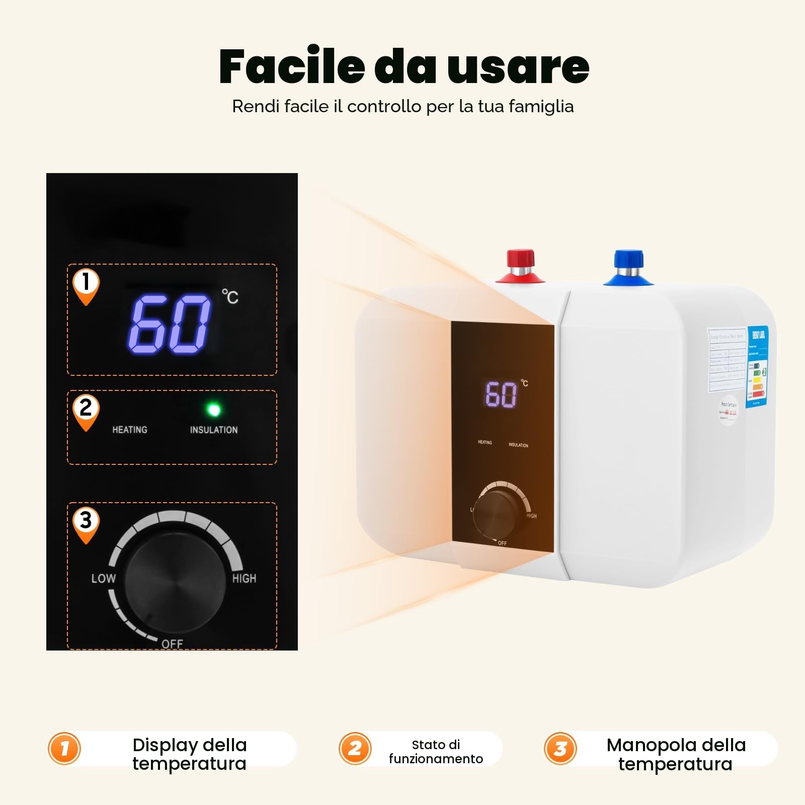 MINRS Scaldabagno elettronico da 6 l, 1500 W, con indicatore di temperatura a LED leggibile, 220 V, scaldabagno da 0 a 65 °C, per cucina e bagno