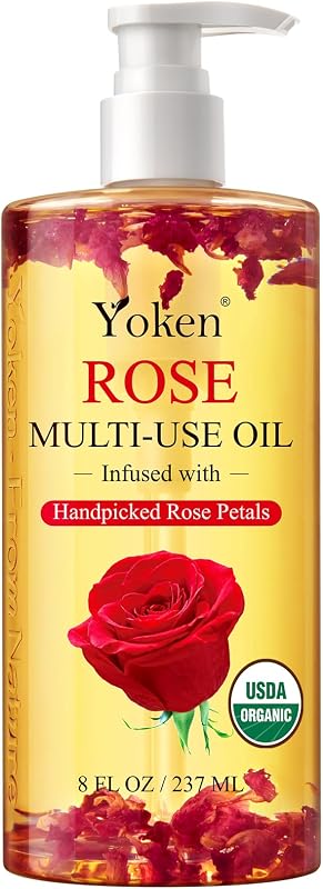 Organic Rose Multi-Use Body Oil For Skin Body, USDA Certified with Petals | Multi Purpose Organic oil With Rose Petals Vitamin E Almond Oil Nourishing Hydrating Body Oil Moisture After Bath Oil