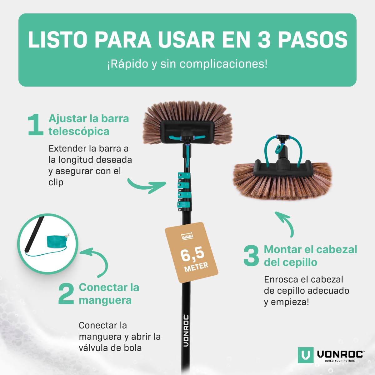VONROC Cepillo de Lavado telescópico - 6,50m - Incl. Cepillo Multiusos, limpiacristales 2 en 1, Manguera de 9m y dosificador de jabón