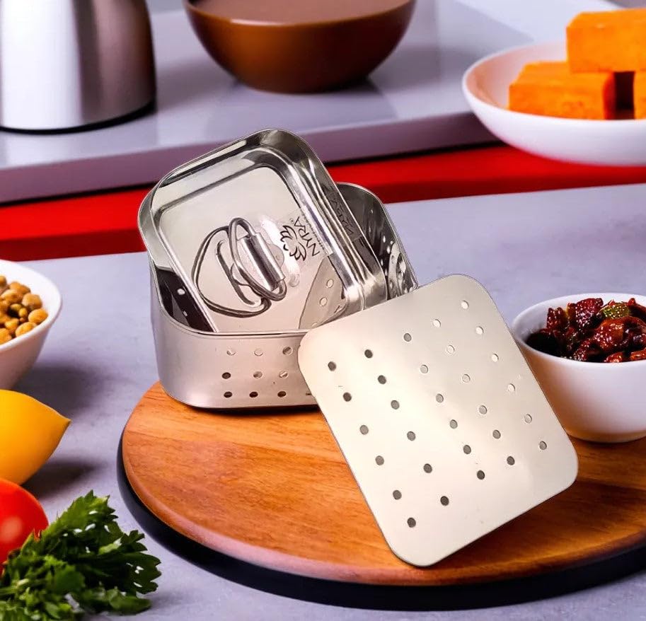 Image of Nyra Stainless Steel Paneer Mould 300ml | Paneer Maker with Perforated Press Lid | Compact 10x10cm Cottage Cheese Mould for Kitchen