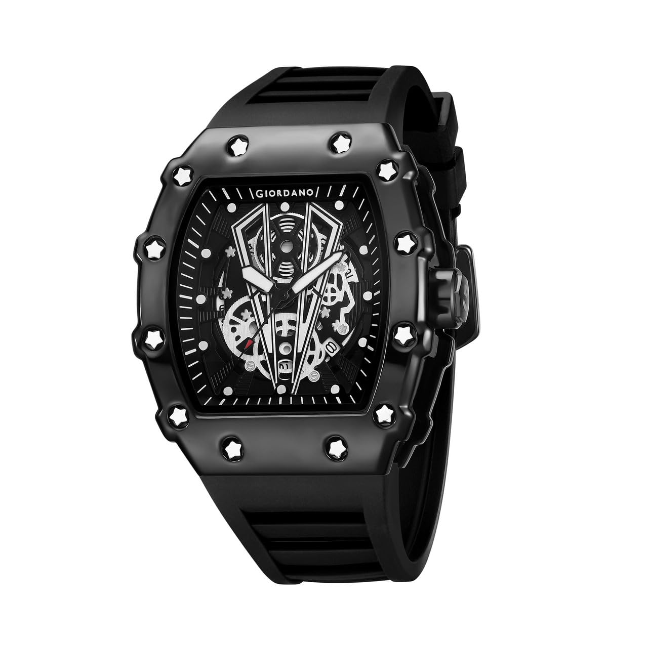 Analog Quartz Watch for Men with Skeleton Rectangle Dial, Date Function, Luminous Hands and Markers, Silicone Strap - GZ-50237-image-6