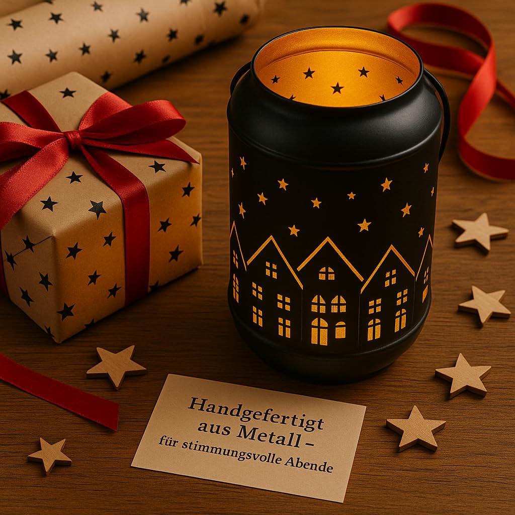 Marrakech Juego de 2 portavelas decorativas Glowtree negro y dorado, 20 cm, con diseño de casas, de metal, candelabros escandinavos, farol moderno, decoración de Adviento, decoración navideña y