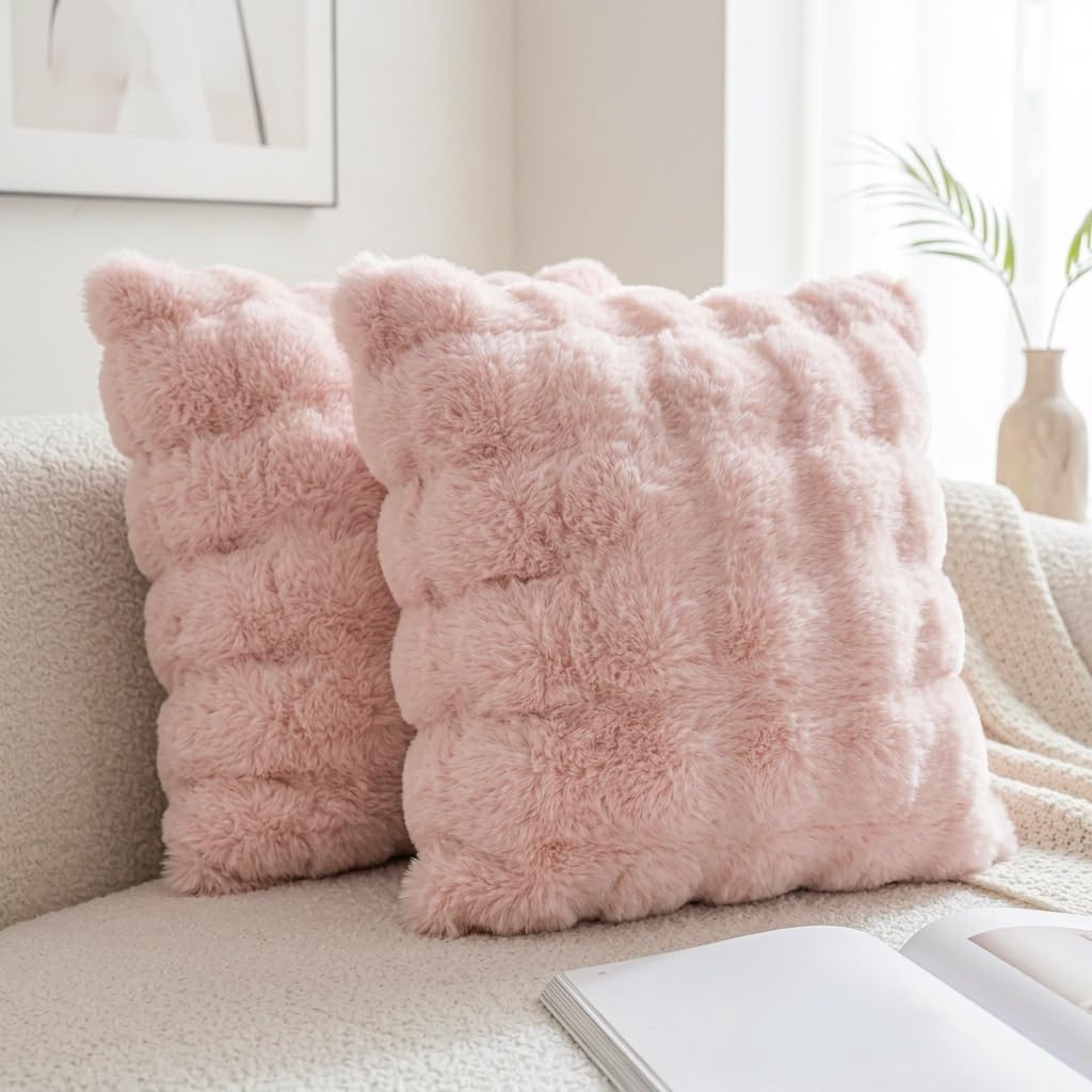 Neelvin Pink Faux Fur Pillow Covers Set of 2, Luxury Soft Fluffy Throw Pillow Covers for Couch, Fuzzy Decorative Plaid Plush Cushion Cases for Living Room Sofa Bedroom Decor
