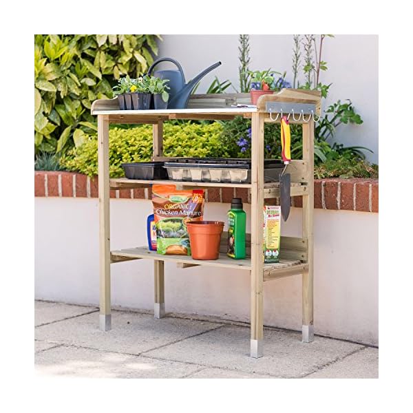 CHRISTOW Potting Table Bench With Hooks & Shelves, Wooden Outdoor Garden Table For Potting Plants, Galvanised Metal Top, H89cm x W76.5cm x D37cm - Image 8