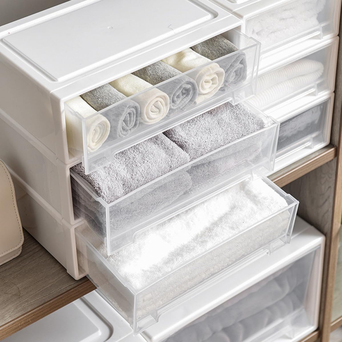 WOONEKY Organizer Cassetti per Trucco e Portaoggetti da Scrivania, Scatola di Immagazzinaggio Bianca in Plastica Resistente, Organizzatore per Cassetti Dell'armadio per Ufficio e Casa,
