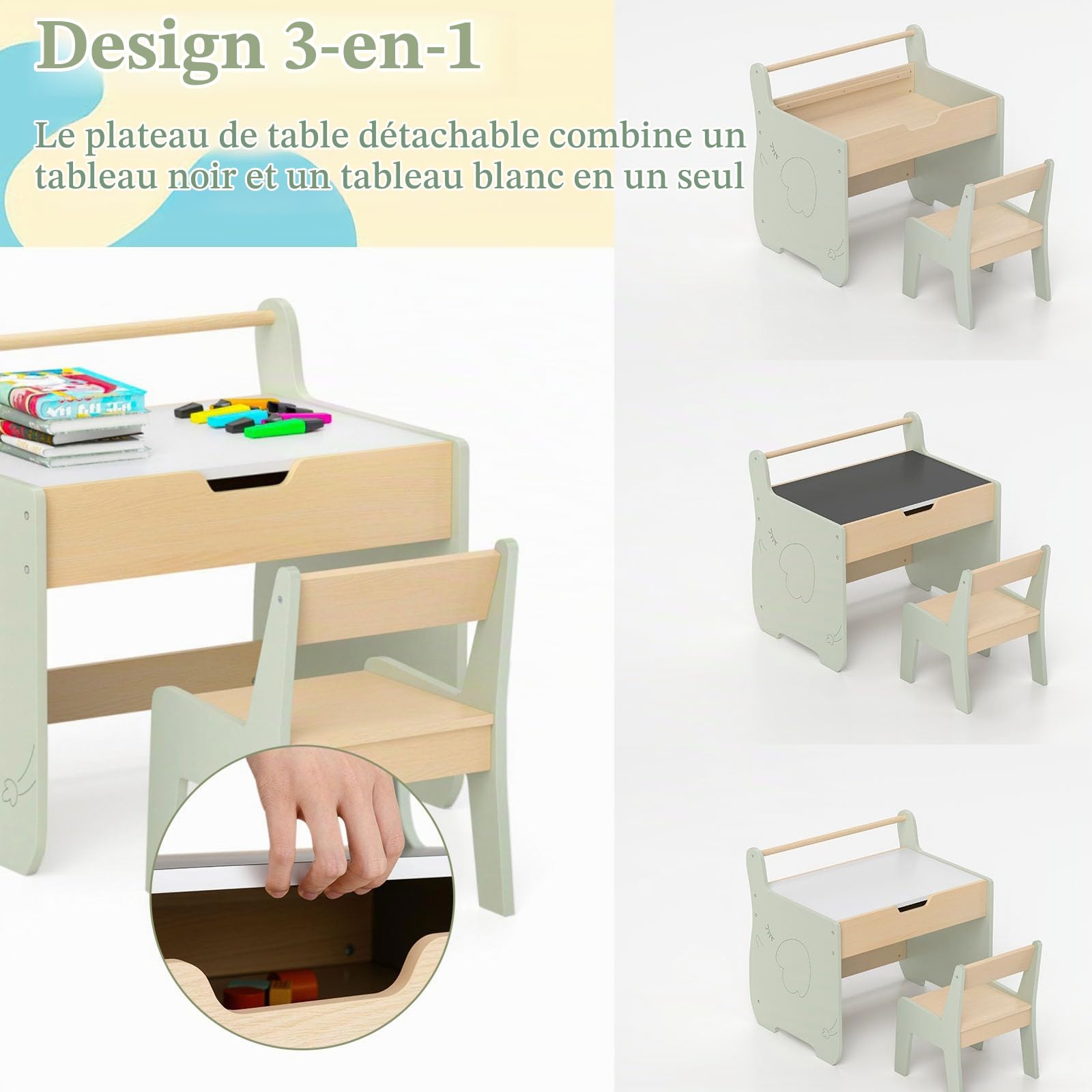LIFEZEAL Table pour Enfant avec Chaise, Bureau Amovible avec Espace de Rangement, Ensemble de sièges avec Tableau Double Face, Ensemble de chaises pour Jouer, Lire, Peindre, Manger (Vert+Naturel)