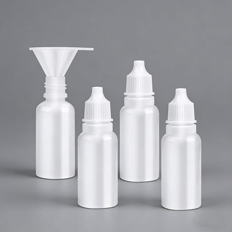 Paquete de 5 botellas cuentagotas de plástico de 15 ml/0,5 oz, recipientes de viaje para gotas para los ojos | 4 botellas + 1 embudo, vacías, exprimibles, portátiles y recargables con tapa y tapón, botellas cuentagotas blancas para líquido