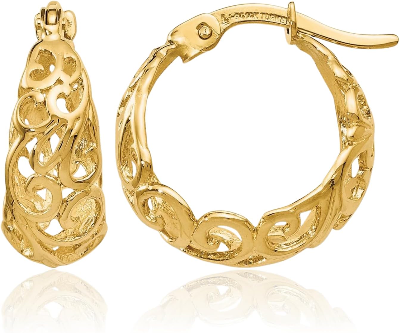 IceCarats 14K Solid Yellow Gold Medium Filigree Shrimp Hoop Earrings 16mm 5/8 inch Snap Back For Her