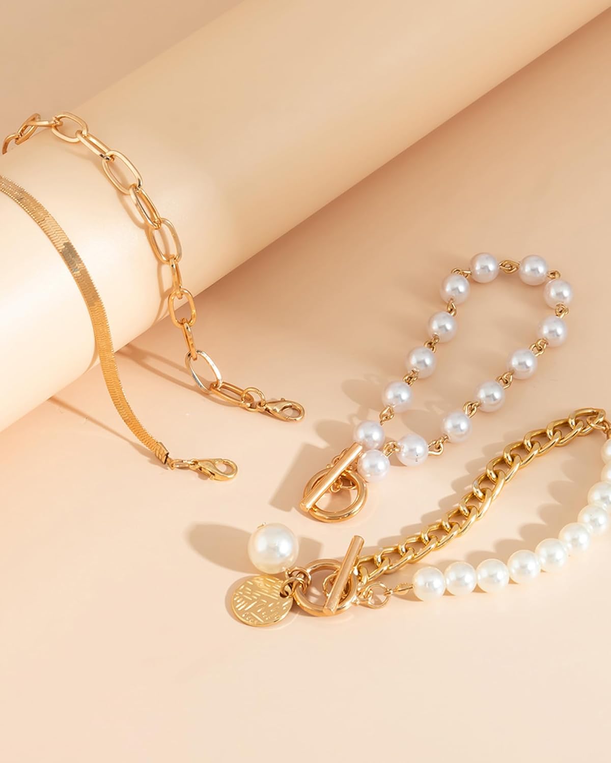 Layered Gold Pearl Bracelets for Women Chunky Stacked Paperclip Chain Pearl Herringbone Toggle Clasp Bracelets Trendy Gold Statement Jewelry Gifts for Her - Image 5