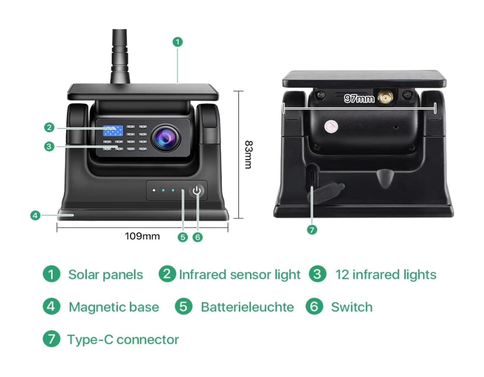 Cámara Visión Trasera Inalámbrica Magnética Energía Solar WiFi 5G para Remolques Autocaravanas Nocturna por Infrarrojos 1080p Cámara de Respaldo