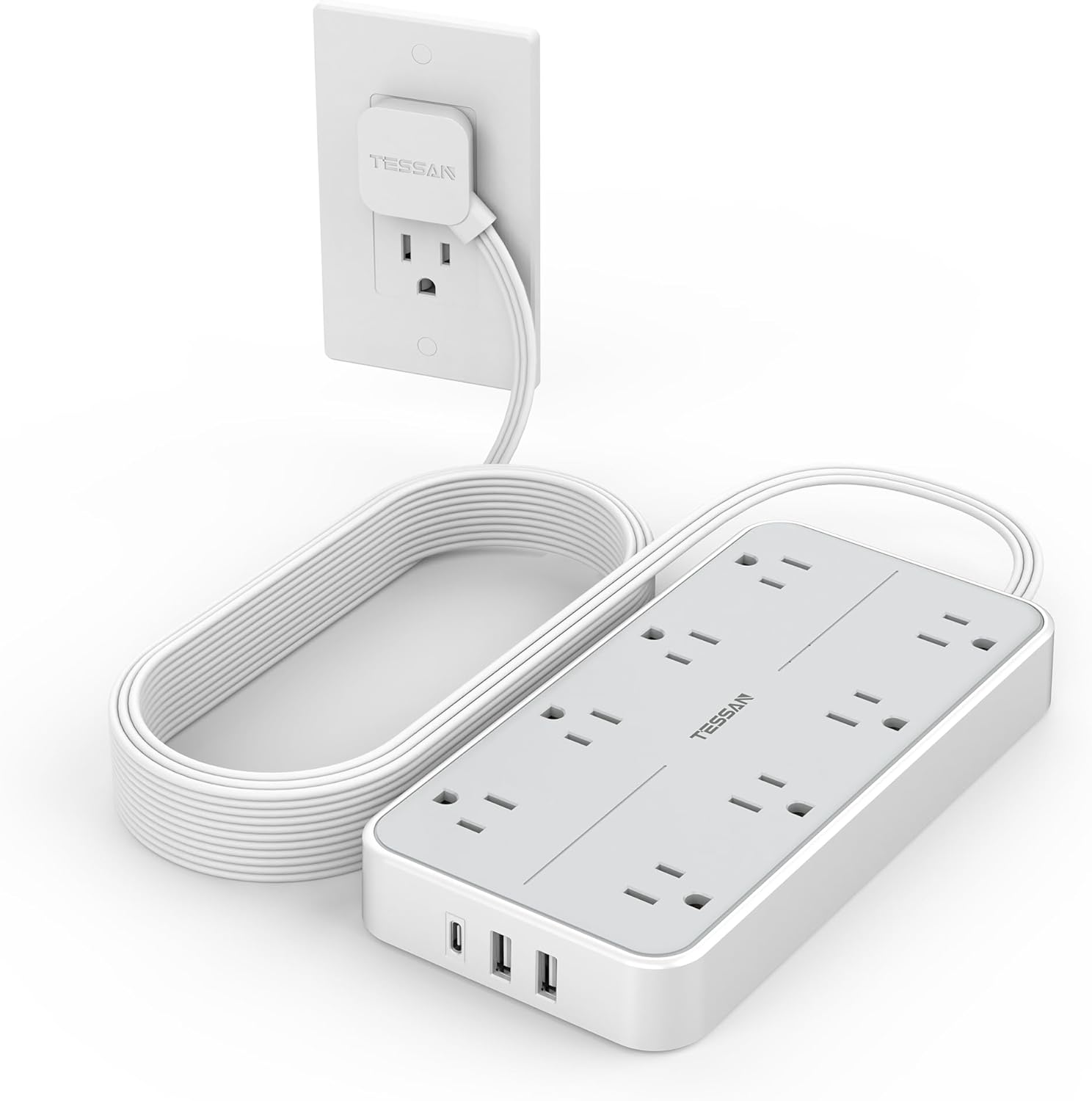 TESSAN Power Strip Surge Protector, 15FT Flat Plug Extension Cord with 8 Outlets 3 USB Charger(1 USB C), 1080 Joules Protection, Wall Mountable Charging Station for Home Office Dorm, Gray