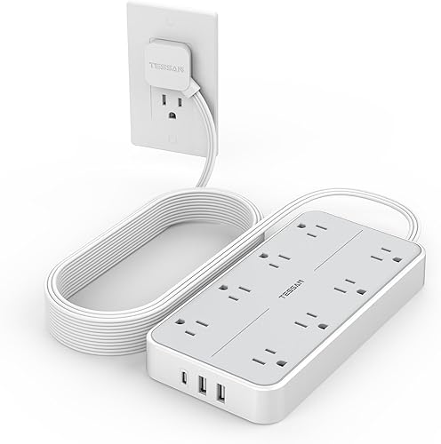 Miniatura 7 de TESSAN - Tira de alimentación con protector contra sobretensiones, cable de extensión con enchufe plano con 8 salidas 3 cargadores USB (1 USB C),