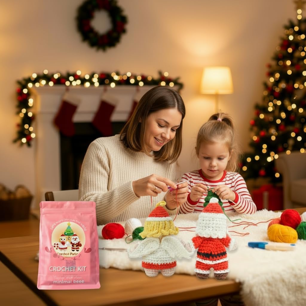 minimal beee Beginner Christmas Crochet Kit - 3-Piece Santa & Mrs. Claus Set, Complete Craft Supplies with Video Tutorials for Christmas Tree Decor.Gift Hobby for Adults