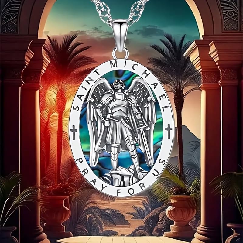 Saint Michael Necklace - St. Michael Archangel Pendant with Prayer Inscription, Stainless Steel Religious Jewelry for Men and Women, Protective Amulet with Abalone Shell Inlay4