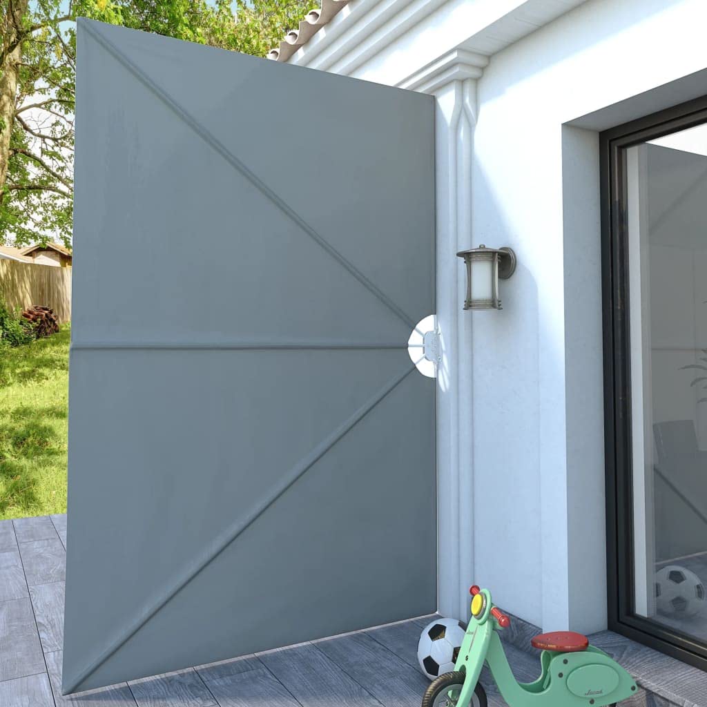 Auvent latéral pliable 240 x 160 cm, Paravent de terrasse en tissu et acier, Store extérieur gris pour balcon et jardin, Clôture de séparation rétractable