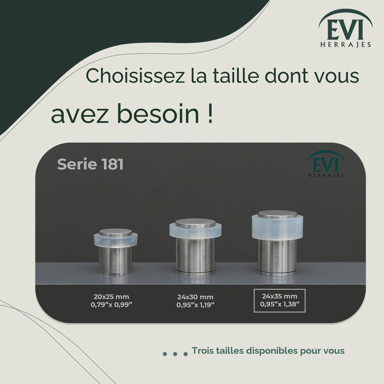 EVI Herrajes | Lot De 2 Butées De Porte Sol | Ø24X35mm | Acier inoxydable Finition Mate | Caoutchouc de silicone naturel |Base filetée - Comprend vis + cheville de fixation | Mod. I-181