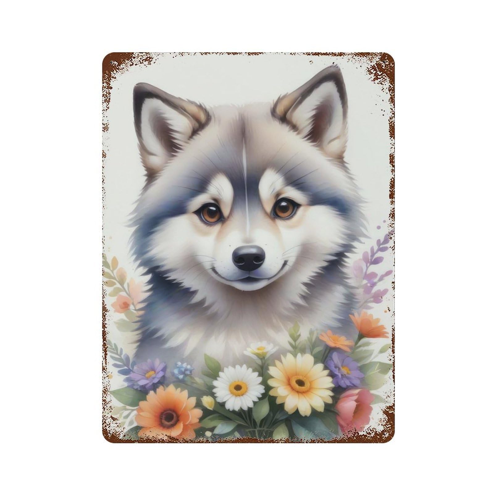 Distressed Metal Wall Sign Watercolor Husky Painting 15.7"x11.8", Retro Wall Decor for Basement, Hobby Room And Garage Decor