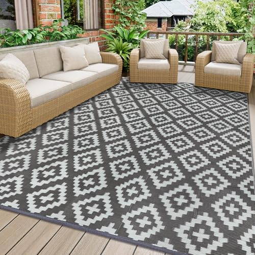 Homcomodar Outdoor Teppich Wetterfest Grau Kunststoff Stroh Teppiche 150x245cm Wendematten UV-beständiger Outdoor Teppich Recycelter Camping Matte Patio Teppiche für Balkon Strand BBQ Picknick Deck