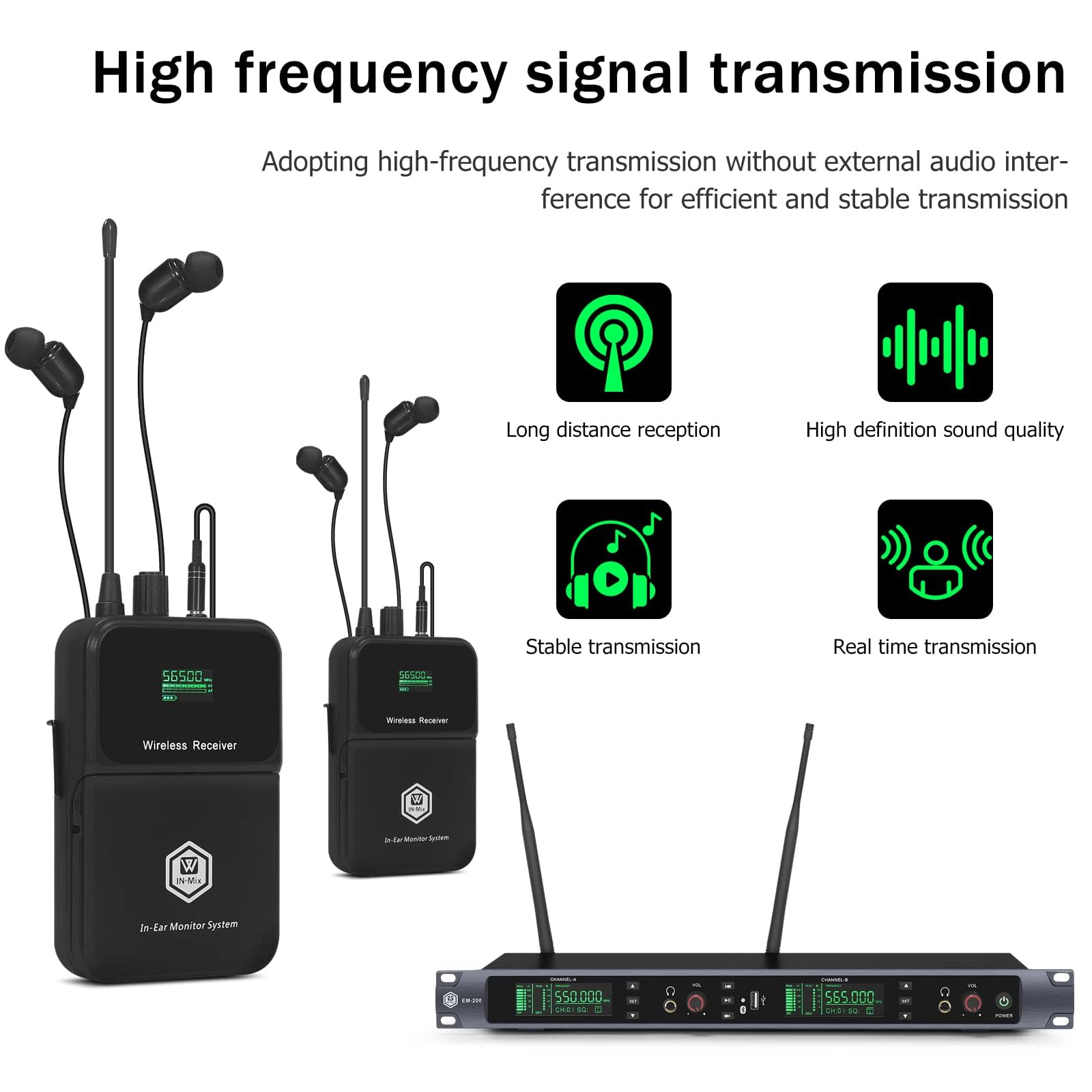 EM200 UHF - Sistema de monitor inalámbrico en el oído de 2 canales, 6 paquetes de monitoreo con auriculares en escenario, banda, estudio de grabación y actuaciones en vivo