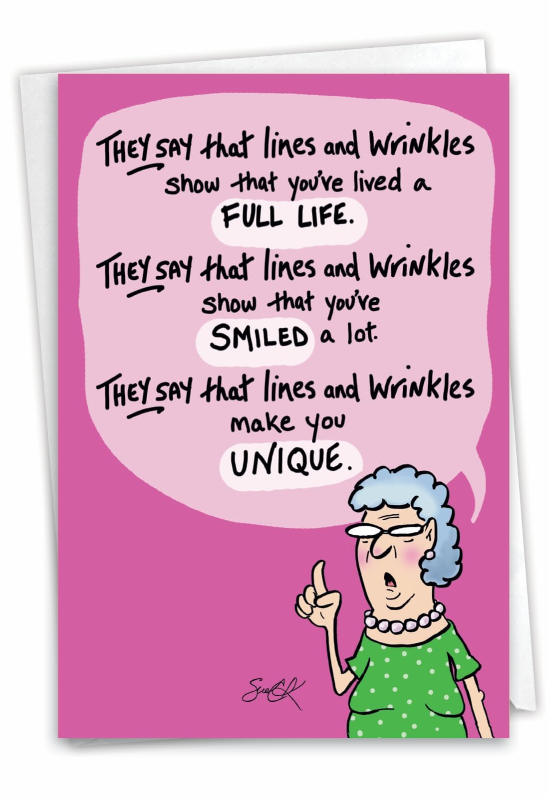 1 Funny Women's Birthday Card with Envelope - Cartoon Humor, Stationery Bday Celebration Card for Wife, Women - Lines and Wrinkles C9319BDG