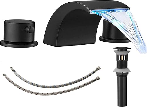 BWE Grifo de baño con cascada LED, de 8 pulgadas, 2 asas, 3 agujeros, color negro mate con desagüe emergente, con desbordamiento y línea de